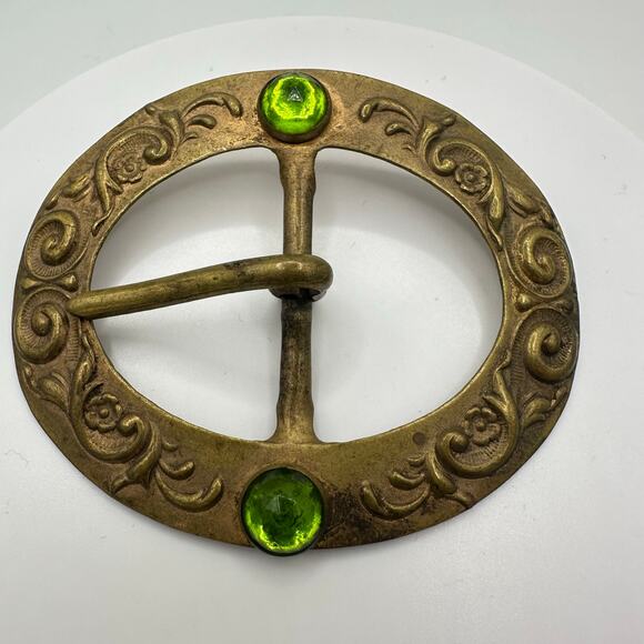 Antique Art Nouveau embossed gold tone brass green rose cut glass belt buckle main image 7
